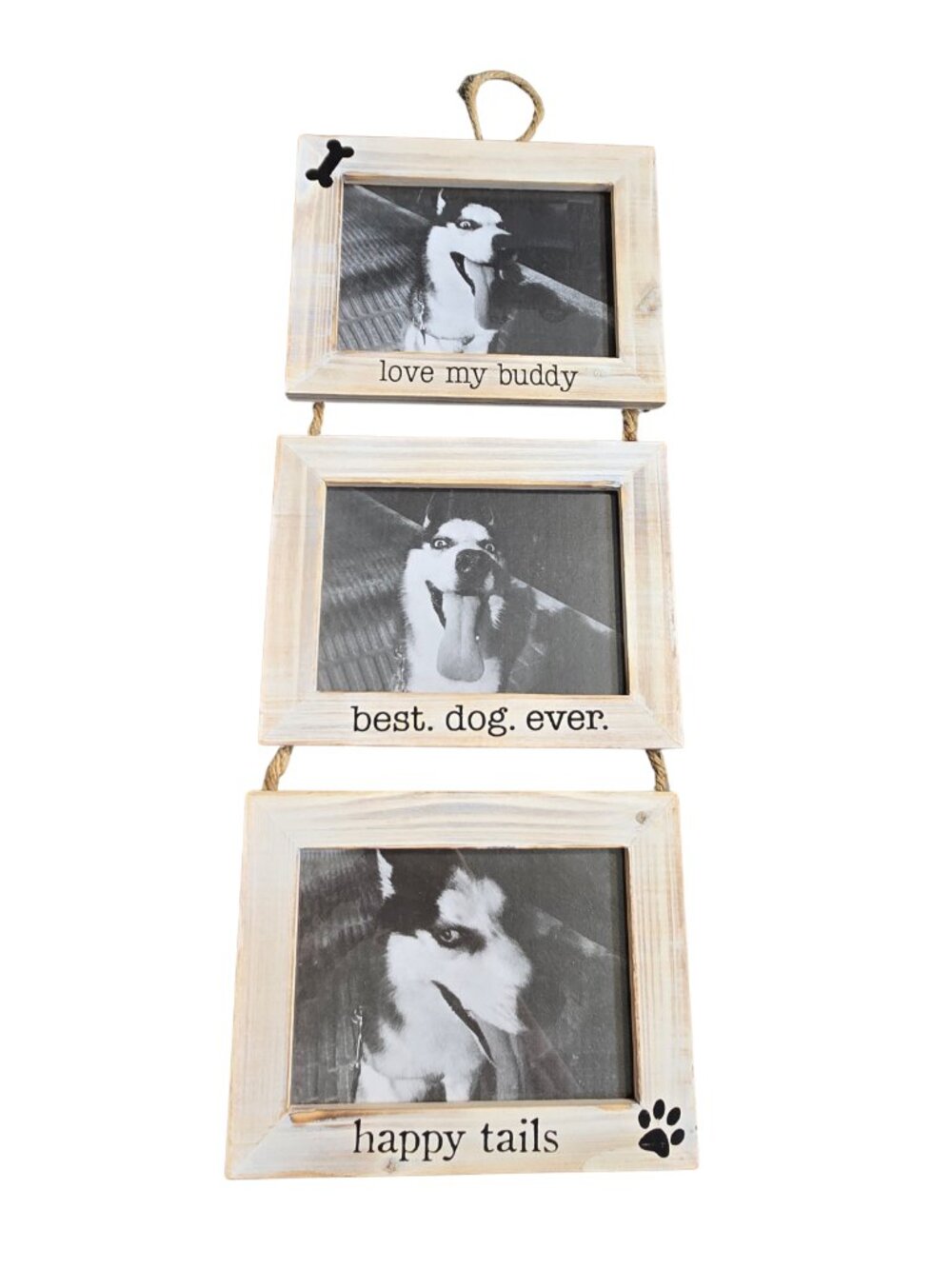 NIP Rustic Whitewash Wood 3-Tier Hanging Dog 5x7 Picture Frame Wall Collage
